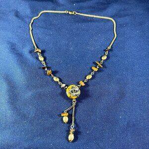 Vintage Gold-Tone & Amber Beaded Necklace With Floral Pendant & Dangling Charms